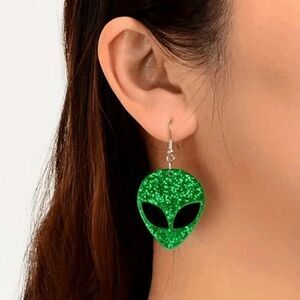 Alien Glittery Green Dangle Earrings